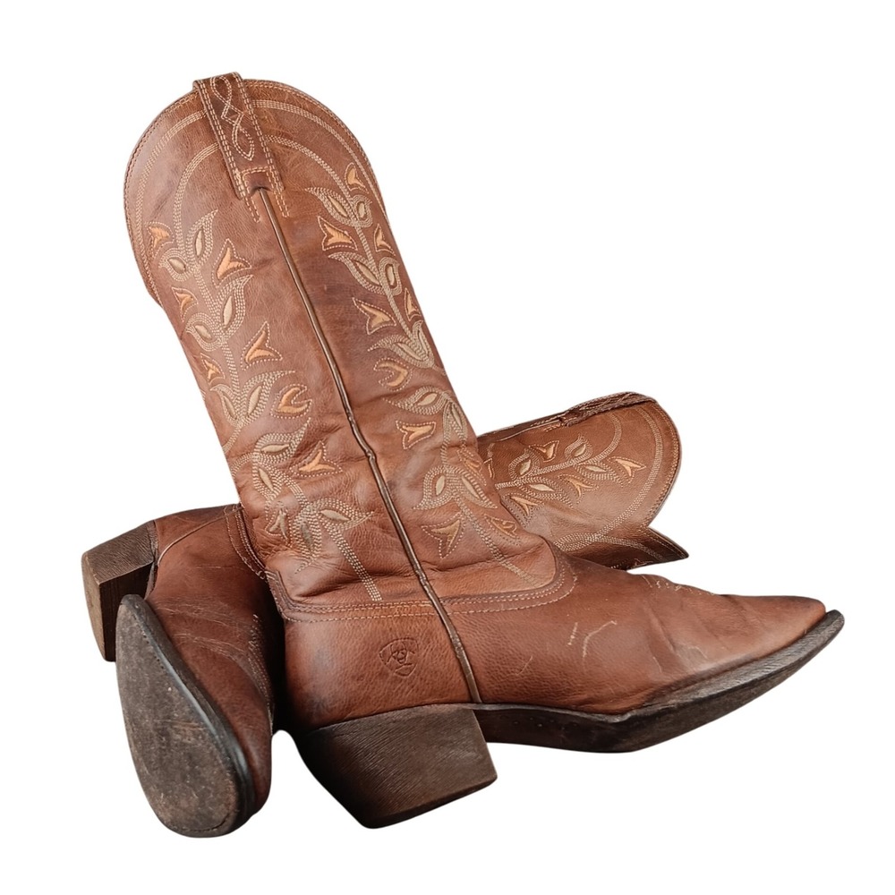 Ariat Women's 7B Brown Leather Western Cowboy Boots Embroidered Pointed Toe
